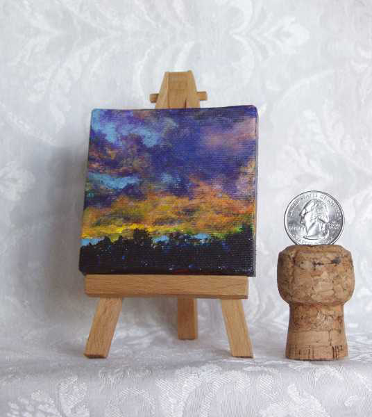 Burning Sunset miniature acrylic painting on easel by DJ Geribo