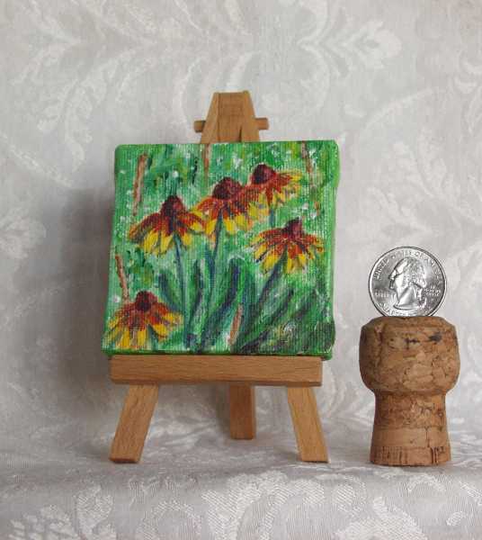 Showy Black-Eyed Susans miniature acrylic painting on easel by artist DJ Geribo