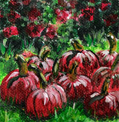 Pumpkins for Sale miniature acrylic painting on easel by artist DJ Geribo