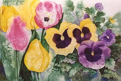 Tulips & Pansies original watercolor painting by artist Fay Lee - detail