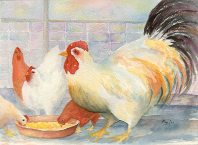 Rooster with Hens original watercolor painting by artist Fay Lee
