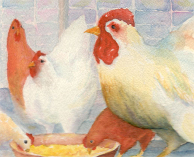 Rooster with Hens original watercolor painting by artist Fay Lee - detail
