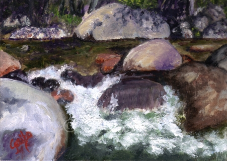 River Rocks Rushing Original Miniature Oil Painting by artist DJ Geribo
