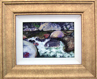 River Rocks Rushing Original Miniature Oil Painting by artist DJ Geribo arrives framed and ready-to-hang