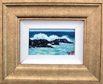 Rocky Surf Original Miniature Oil Painting by artist DJ Geribo arrives framed and ready-to-hang