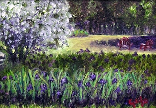 Field of Irises Original Miniature Oil Painting by artist DJ Geribo detail
