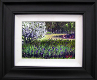 Field of Irises Original Miniature Oil Painting by artist DJ Geribo arrives framed and ready-to-hang
