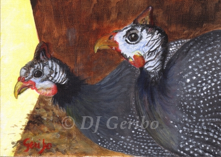 Guinea Hen Couple Original Miniature Oil Painting by artist DJ Geribo detail