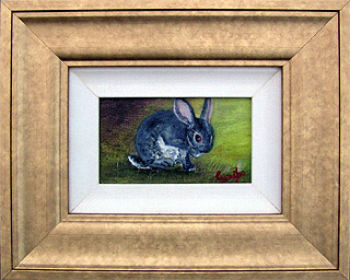 Clean Bunny Original Miniature Oil Painting by artist DJ Geribo arrives framed and ready-to-hang
