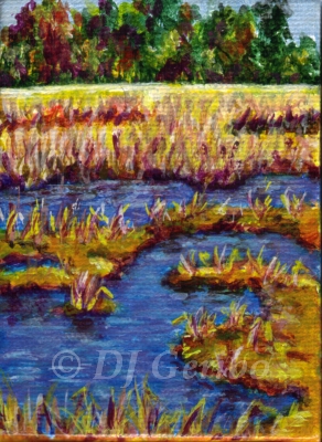 Early Fall Marsh Miniature Original Painting by artist DJ Geribo detail