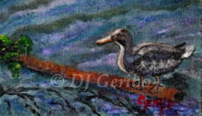 Duck on Log Original Painting by artist DJ Geribo detail
